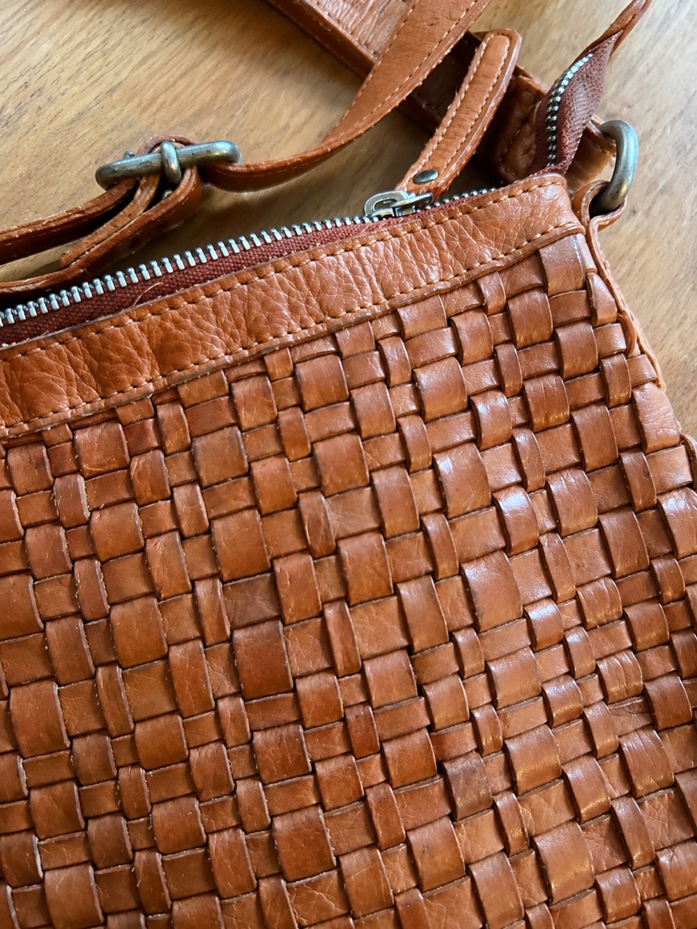 Woven Leather Crossbody Bag - Tan/Light Brown - Picture 3 of 4